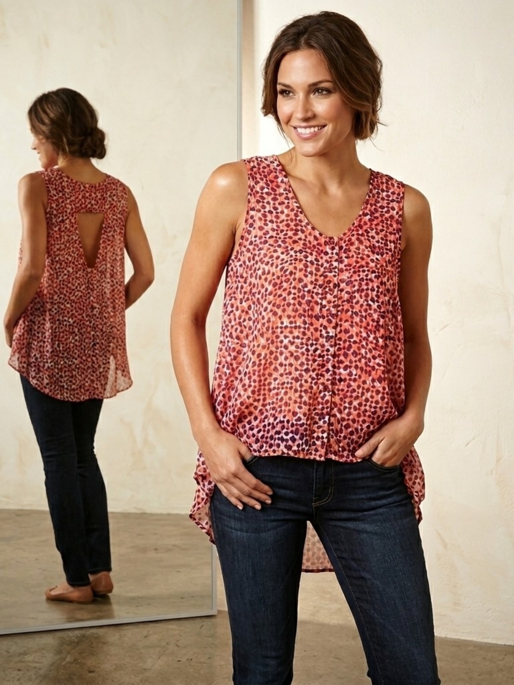 Material Girl Coral Pink Leopard-Print Sleeveless V-Neck Camisole